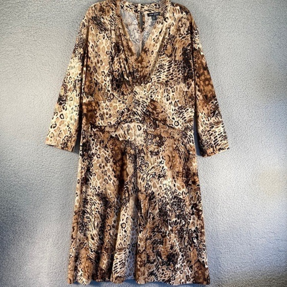 Voir Voir Animal Print Midi Dress Womens Large Brown V-Neck 3/4 Sleeve Babydoll